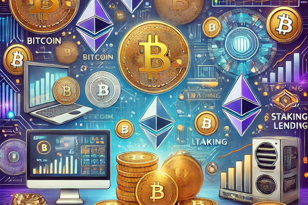 An illustration showing various methods on how to make money off cryptocurrency, featuring digital wallets, cryptocurrency coins, price charts, mining hardware, and icons for staking, trading, and lending, all set against a blockchain-inspired background.