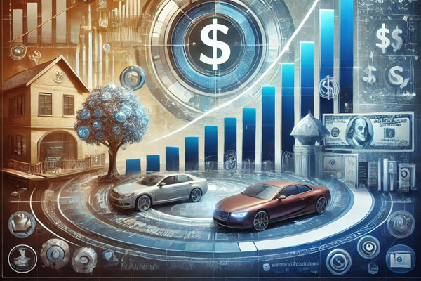 A digital representation of wealth accumulation featuring symbols of internet fame, currency, rising charts, and luxurious items like cars and houses, set against a social media-themed background.