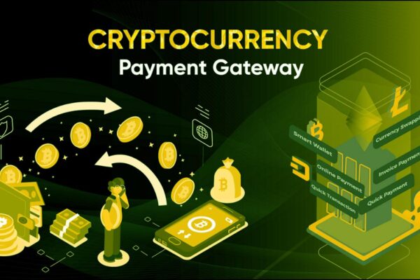 Illustration of cryptocurrency payment gateway development process with blockchain elements and digital currency icons.