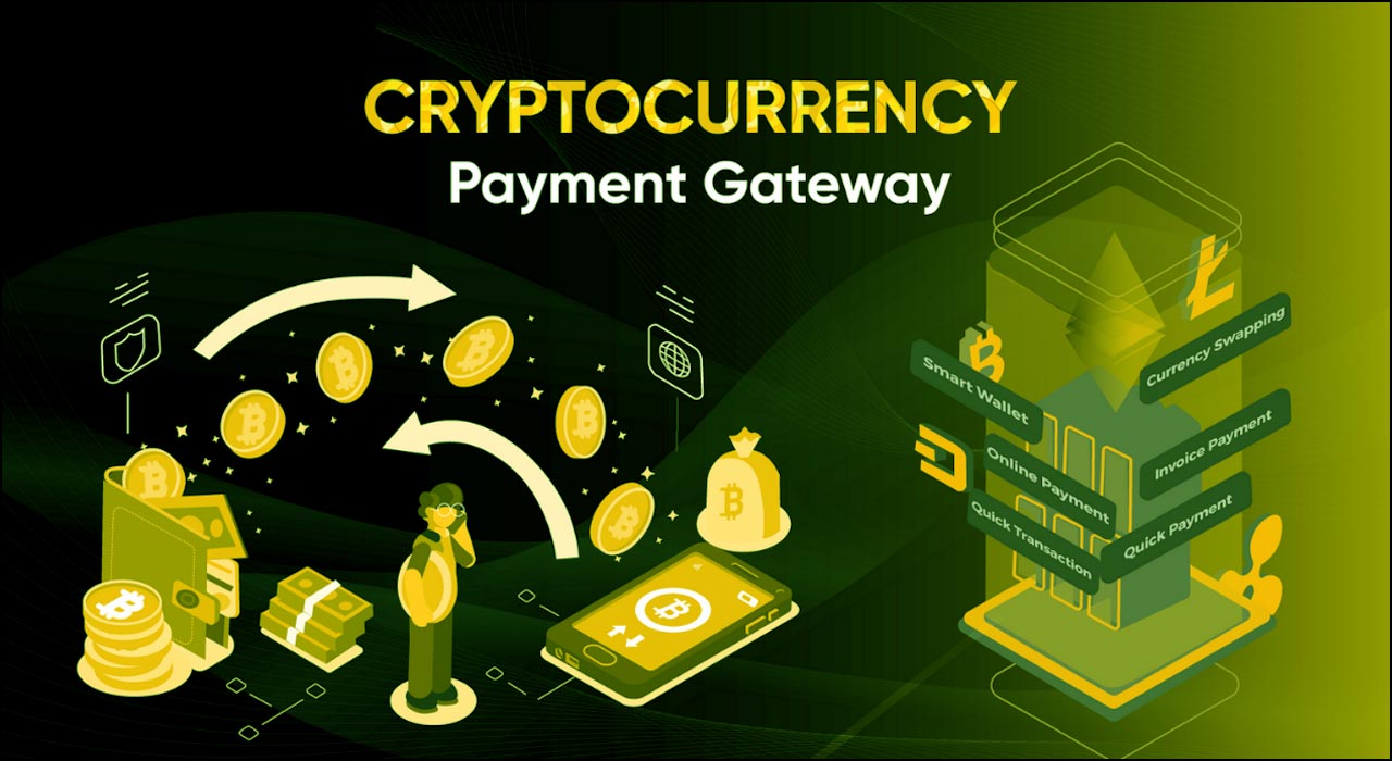 Illustration of cryptocurrency payment gateway development process with blockchain elements and digital currency icons.