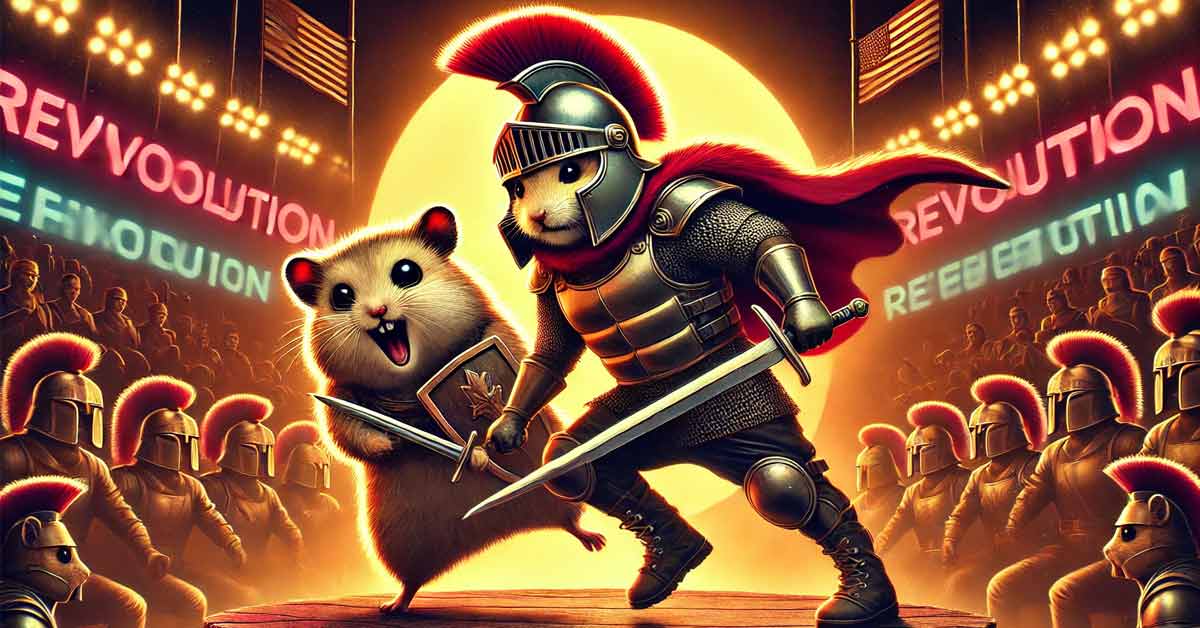 Cartoon hamsters battling in an arena, illustrating the concept of Hamster Kombat: Revolution or Scam.