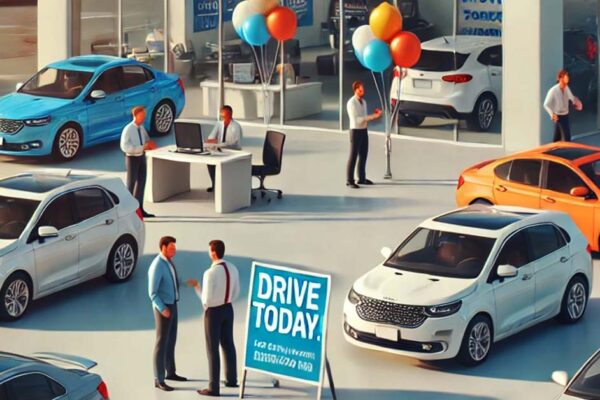 A bright and welcoming car dealership lot with a 'Drive Today!' sign and a variety of cars on display, representing in-house financing.