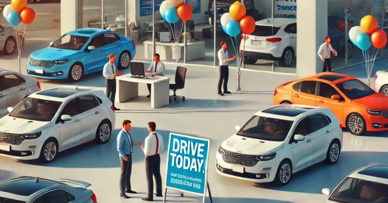 A bright and welcoming car dealership lot with a 'Drive Today!' sign and a variety of cars on display, representing in-house financing.