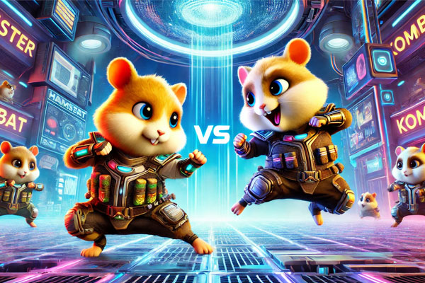 Is Hamster Kombat a Game or Scam? Two cartoon hamsters locked in combat inside a futuristic arena, one throwing a punch while the other dodges.