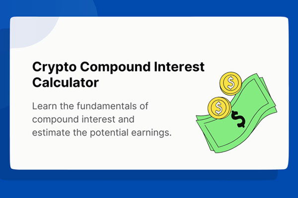 Illustration of a cryptocurrency compound interest calculator showing projected earnings growth over time with digital coins and financial charts in the background.