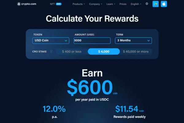 Illustration of a cryptocurrency compound interest calculator showing projected earnings growth over time with digital coins and financial charts in the background.