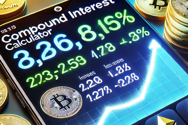 Illustration of a cryptocurrency compound interest calculator showing projected earnings growth over time with digital coins and financial charts in the background.