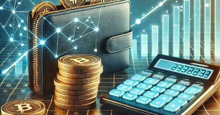 Illustration of a cryptocurrency compound interest calculator showing projected earnings growth over time with digital coins and financial charts in the background.