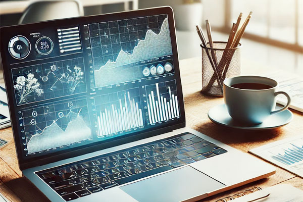 A professional desk setup with a laptop displaying financial graphs, notebook, and coffee cup, representing financial planning.