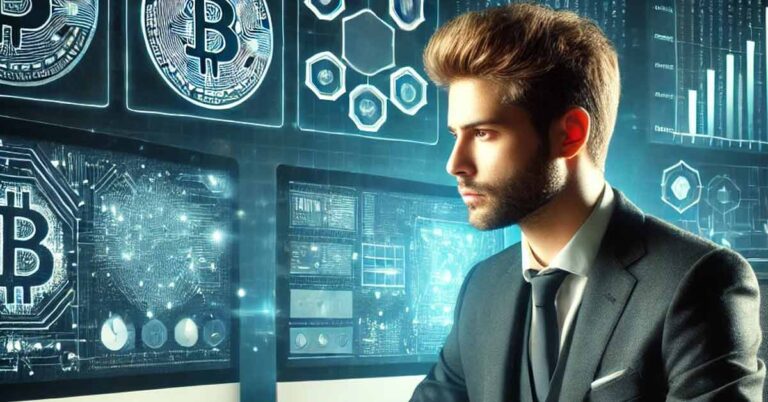 Professional cryptocurrency investigator working on multiple screens to secure digital assets and prevent fraud.